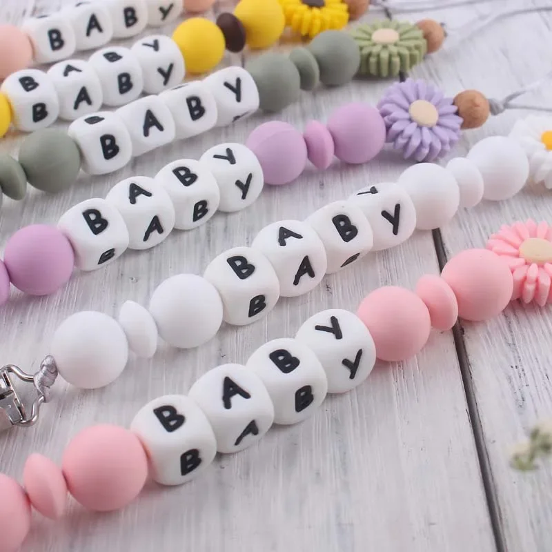 Dot bayi klip rantai personalisasi dengan nama kayu bunga silikon teether boneka pegangan puting klip mainan tumbuh gigi bebas BPA