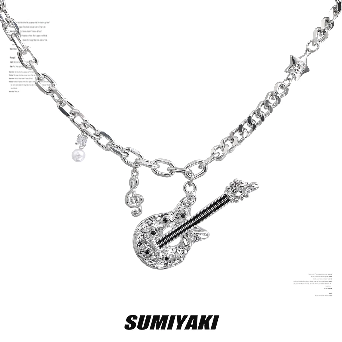 Music festival bi ready! SUMIYAKI punk guitar series, double pearl necklace rock style collarbone chain