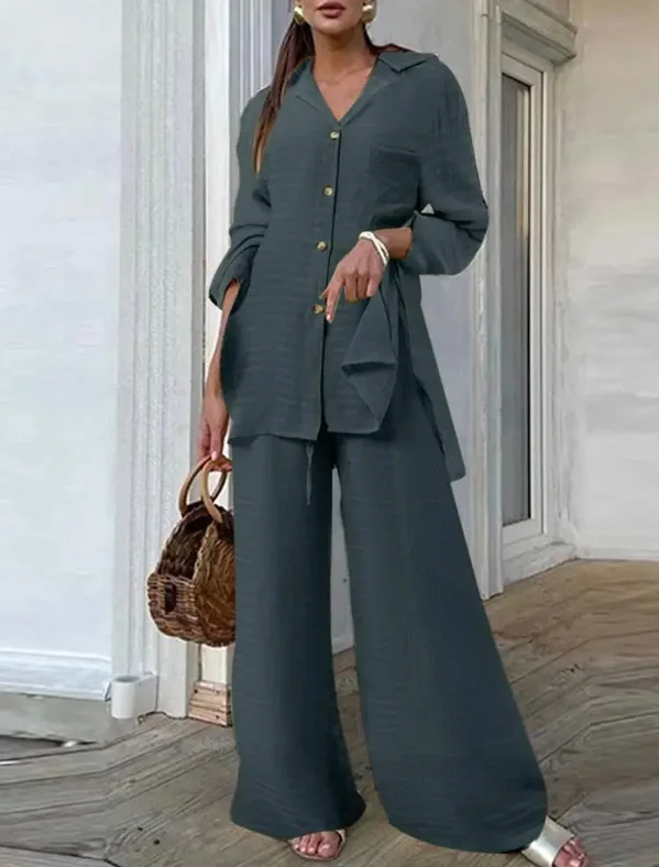 Casual Leopard Print Set Fashion Lapel Button Long Sleeved Shirt Elastic Waist Long Pants 2 Piece Set Commuter Women's Clothing