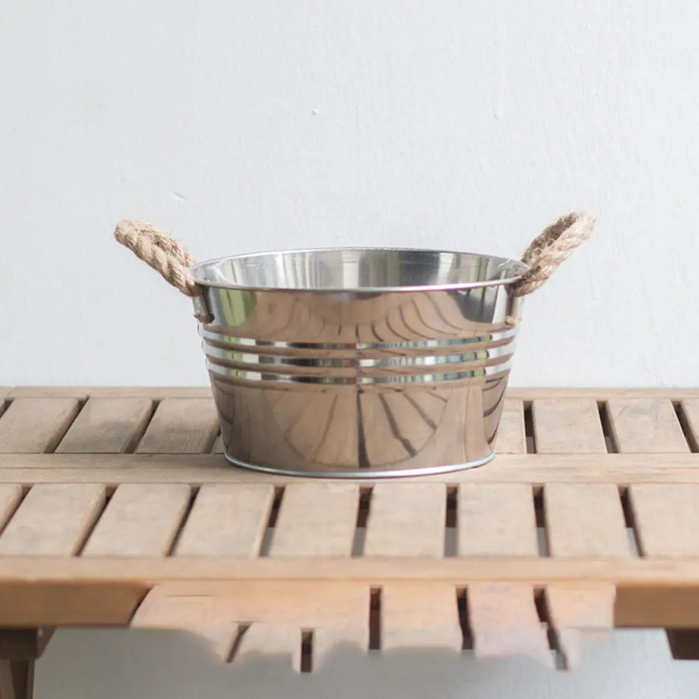 Stainless Steel Flower Vase with Rope Handle Rustic Bucket Planter for Bouquets Home Table Decor