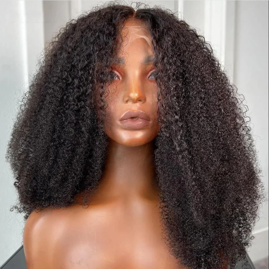 Long Glueless Kinky Curly Lace Front Wig para mulheres, preto natural, cabelo de bebê, pré-arrancado, resistente ao calor, macio, 180 Densidade, 26"