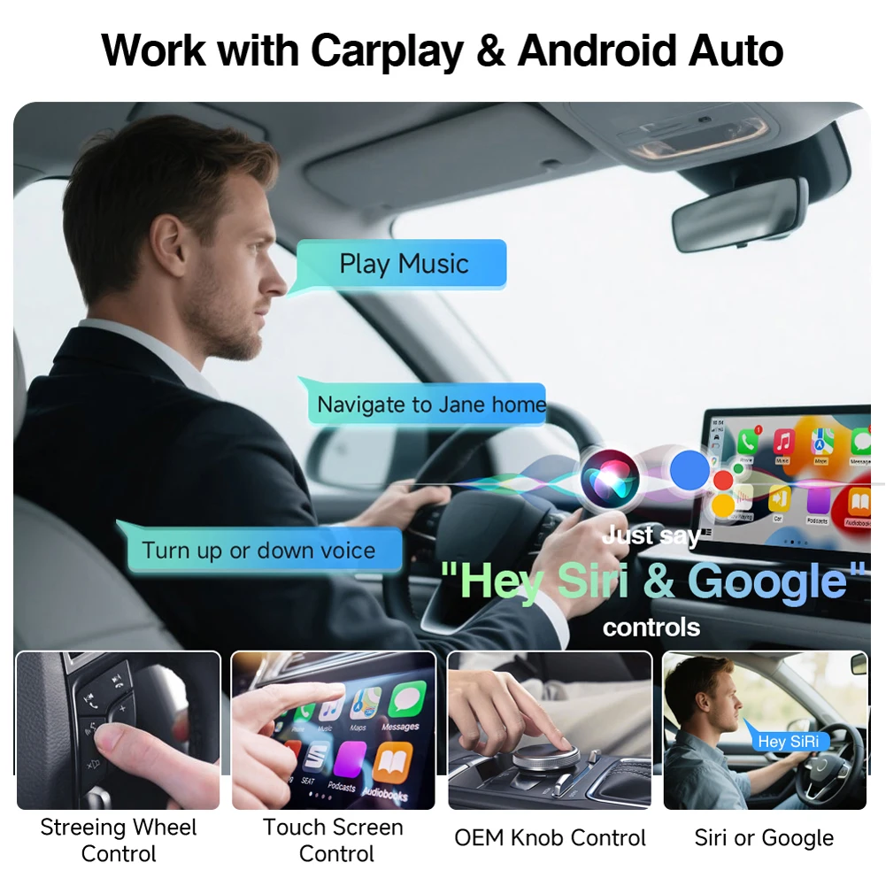 

Беспроводной адаптер 2-в-1 для CarPlay и Android Auto, Plug & Play, для автомобилей с заводской проводной системой