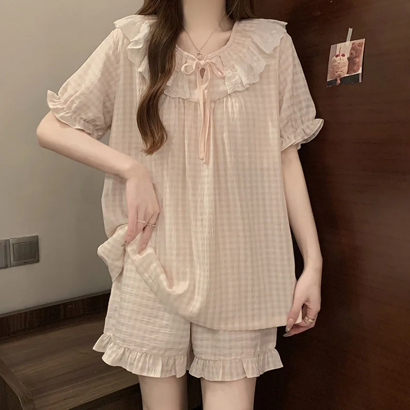 Korean Style Sweet Lace Trim Sleepwear Women Summer Short Sleeve Princess Style with Chest Pad Pink Plaid Hooded Home Clothes...