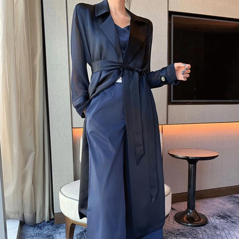 New Windbreaker Women Organza Sleeve Acetate Coat Female Spring Autumn Satin Fashion Long Thin Coat Belt Slim 4XL Trench Coat