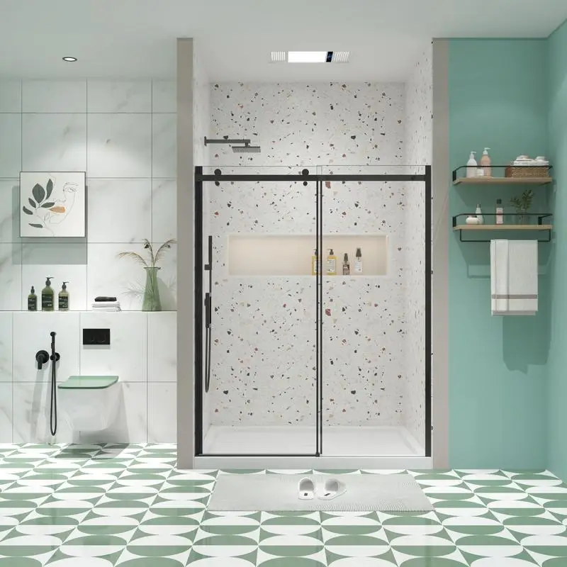 

Sliding Glass Shower Door - 5/16" Tempered Glass, Matte Black Finish, Model 5474