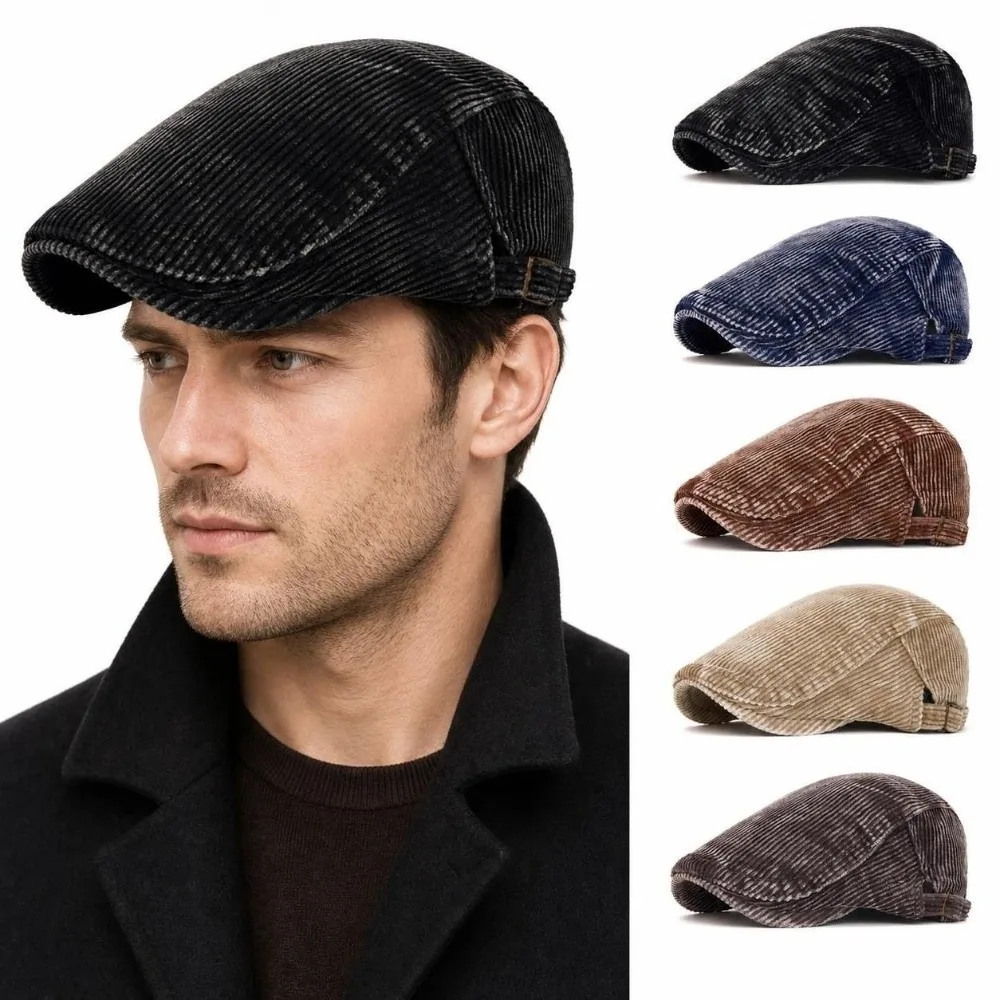 Retro British Style Corduroy Flat Cap Soft Lined Warm Gatsby Beret Cap Adjustable Windproof Driving Cap For Men