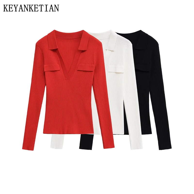

KEYANKETIAN 2022, осенний новый женский однотонный вязаный топ в стиле отдыха, флип-декоративный пуловер с отложным воротником и длинными рукавами