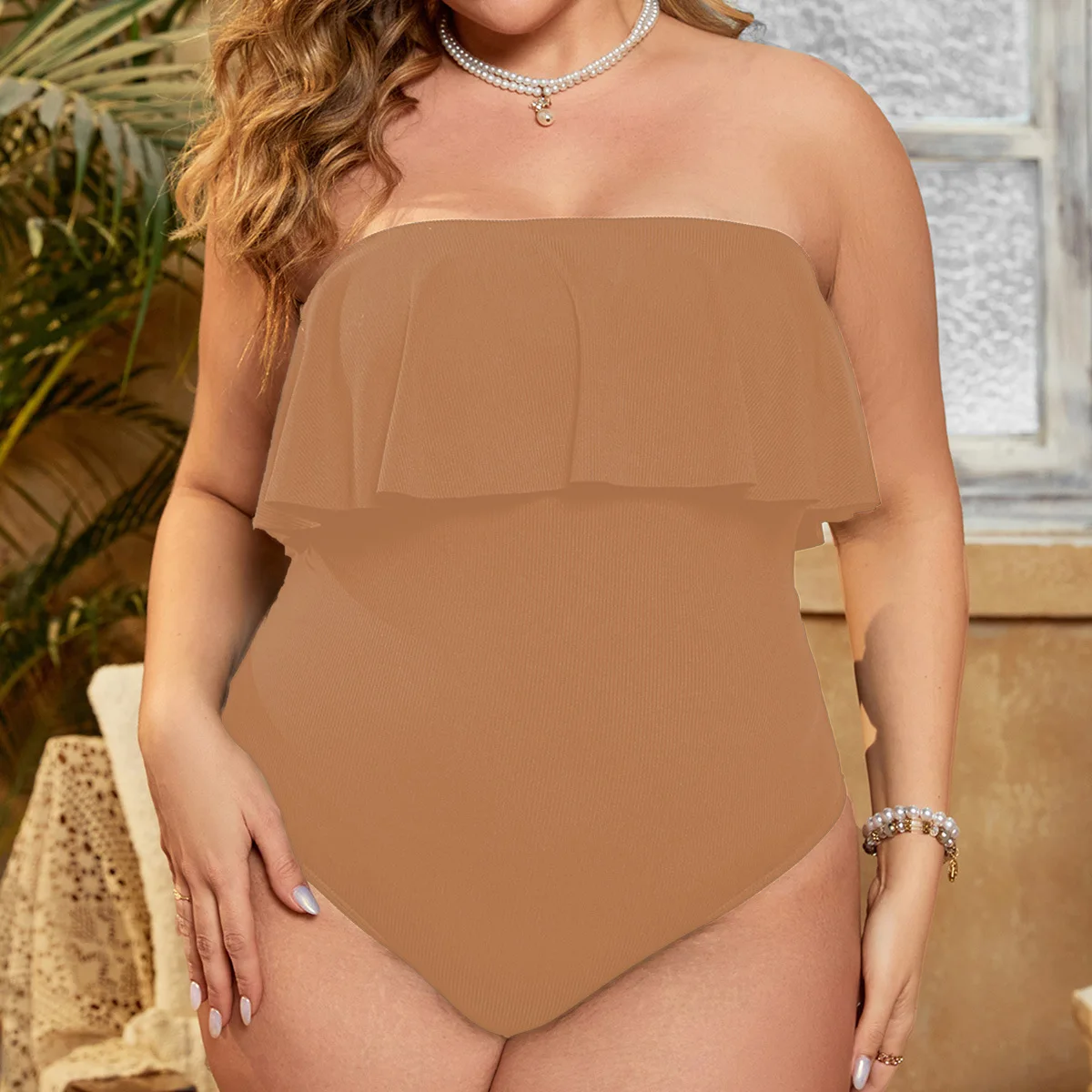 

Large Size One-piece Swimsuit with Sexy Big Ruffle Edge and Hole Strips to Cover the Belly and Make You Look Slimone Piece Y2k