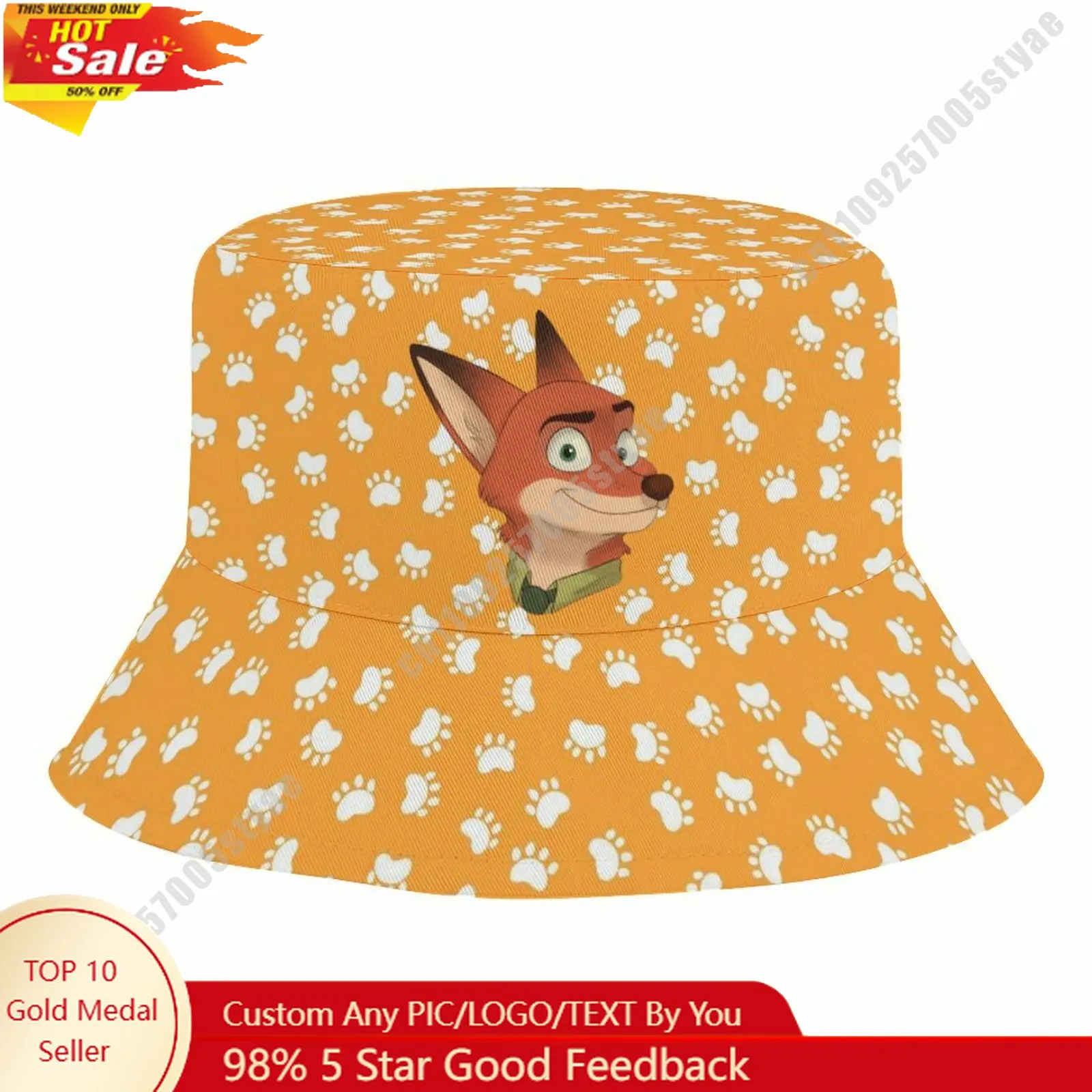 

Nick Wilde Bucket Hat Disney Cartoon Character Custom Design Upload Your Image Logo Fisherman Hat 50–54cm Head Circumference