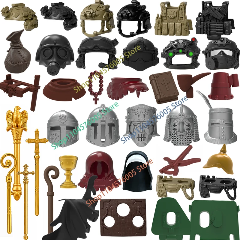 MOC Figuren Körperteile Bausteine Mittelalterlicher Ritter Kapuzen-Kopfbedeckung Zepter Spezialeinheiten Soldatenhelm Mini-Bausteine Spielzeug T30 – Detail 1