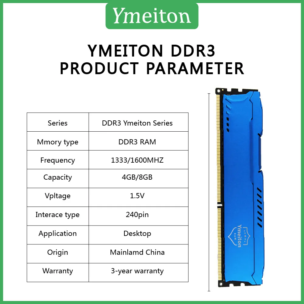 Ymeiton 2pcs D3 4G 8G 1333/1600Mhz DDR3 desktop computer memory stick memoriam universal memory card 240pin RAM memory wholesale