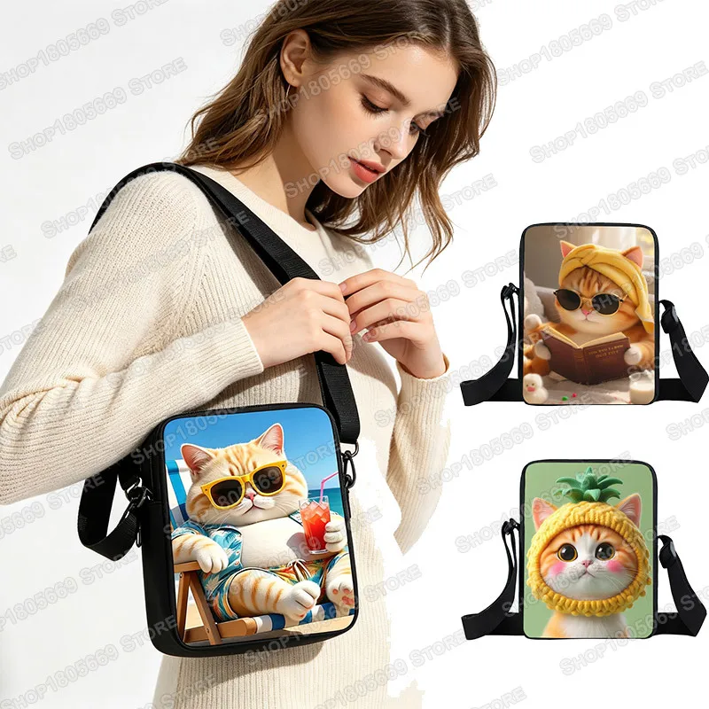 Cute Chubby Orange Cat Print Crossbody Bags Summer Beach Cat with Sunglasses Sling Purse Women Mini Shoulder Messenger Bag