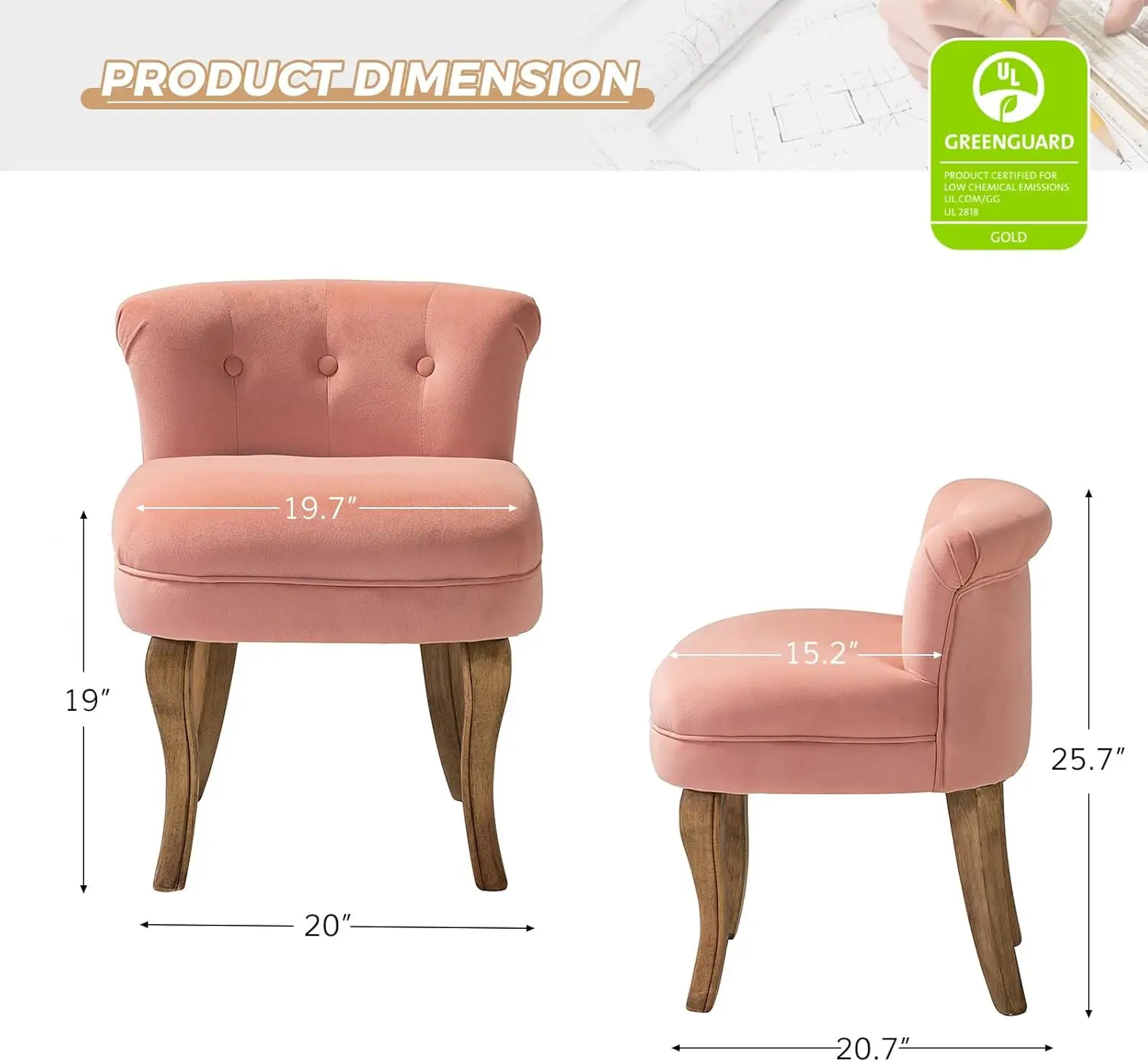 مقعد فانيتي مخملي وردي مع أرجل من الخشب الصلب، كرسي مكياج منجد حديث لغرفة النوم أو غرفة المعيشة