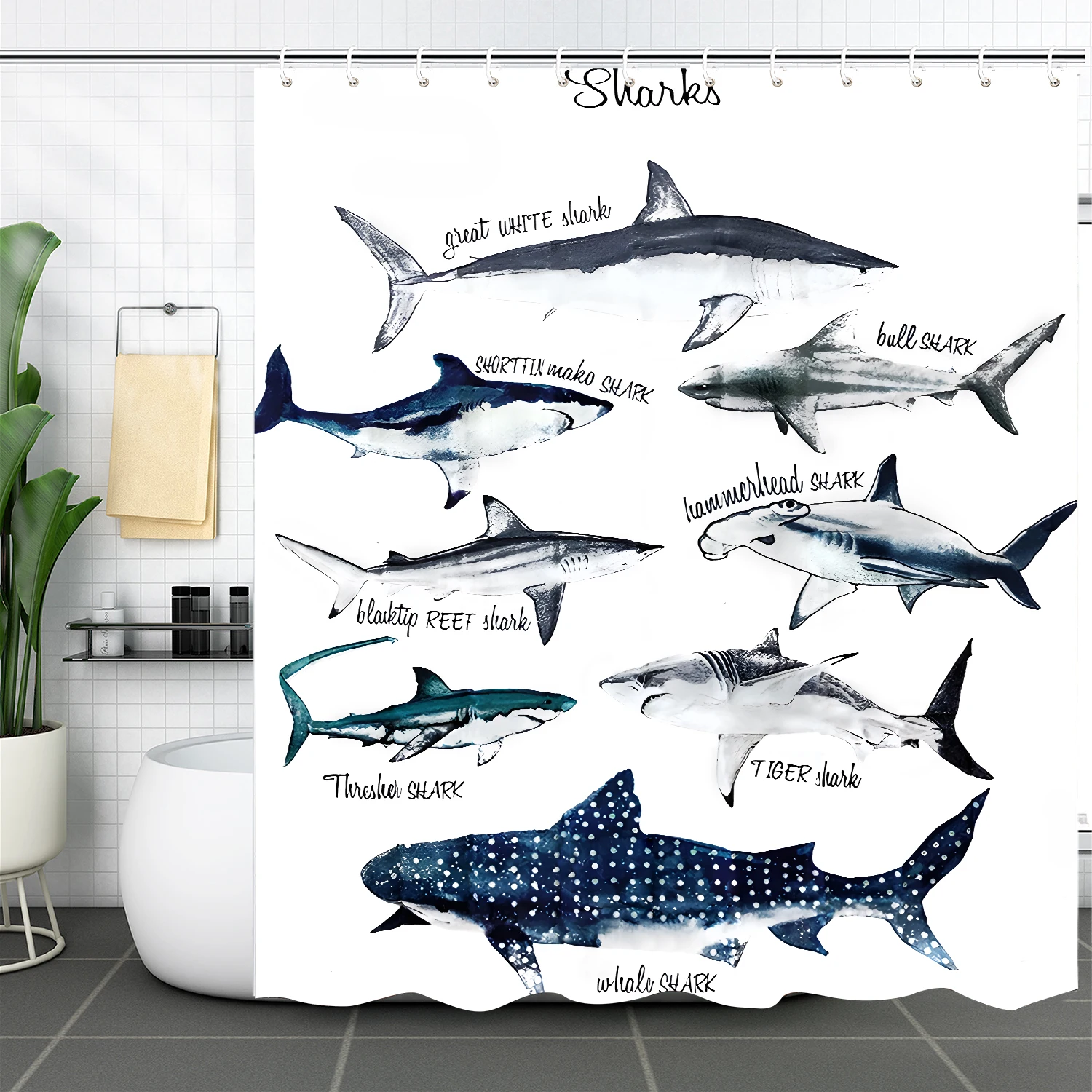 1 piece of shark pattern polyester single shower curtain, polyester decorative curtain, suitable for room partition curtain, cur