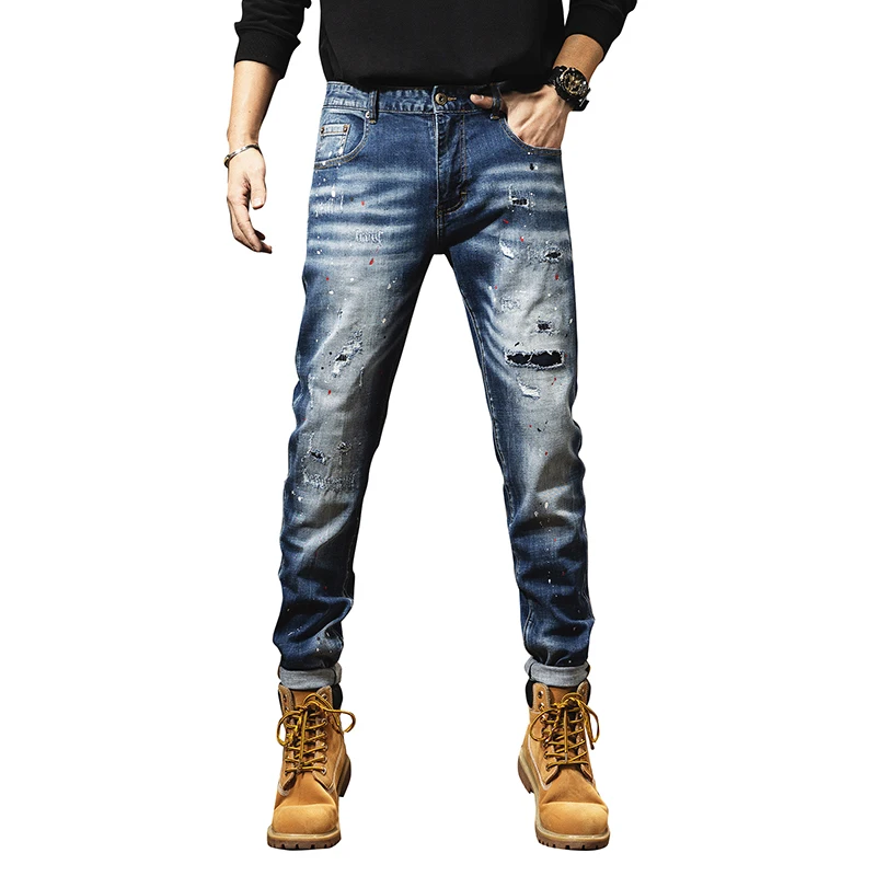2024 new men's distressed men's spring/summer men's pants slim fit splashed ink scraped small feet casual jeans streetwear