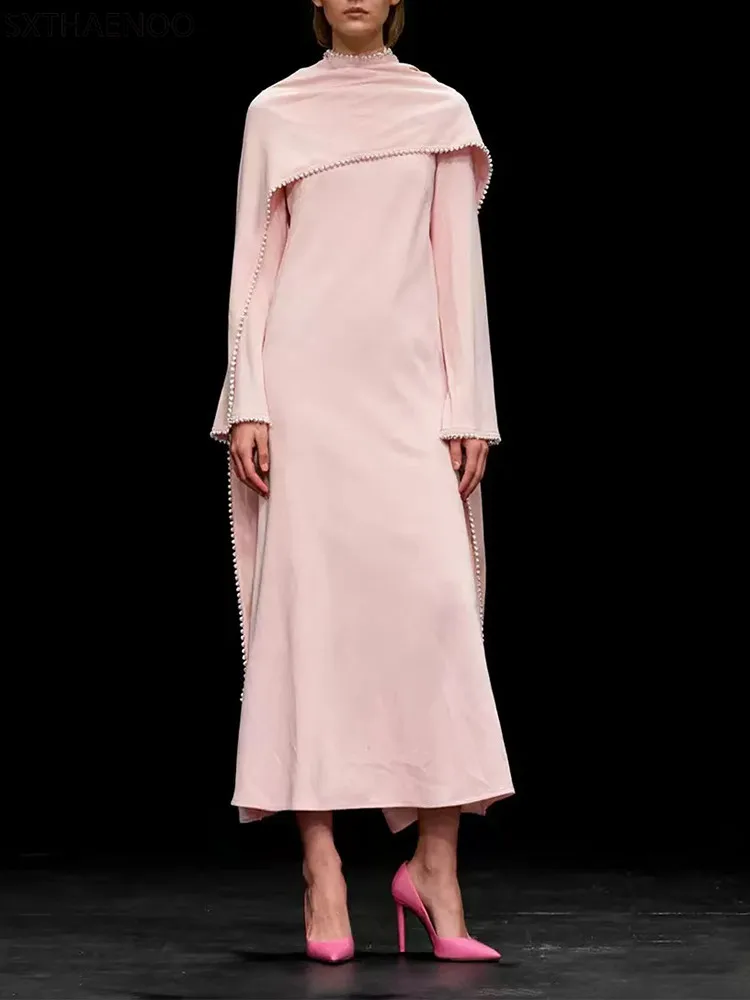 

SXTHAENOO Solid Slimming Spliced Bead Elegant Dresses Women Round Neck Long Sleeves Patchwork Ribbon Fashion Dress Female 2026