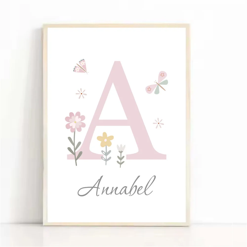 Cute Pink Floral Butterfly Custom Name Wall Art Canvas Painting Nursery Posters and Prints Nordic Wall Pictures Girls Room Decor