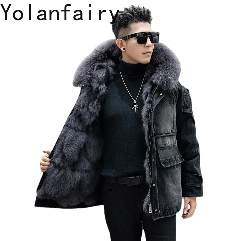 

YOLANFAIRY модные джинсовые парки мужские лисьи меховые внутренние пальто из натурального меха мужские выдра кроличьи волосы подкладка меховая куртка мужские зимние пальто теплые