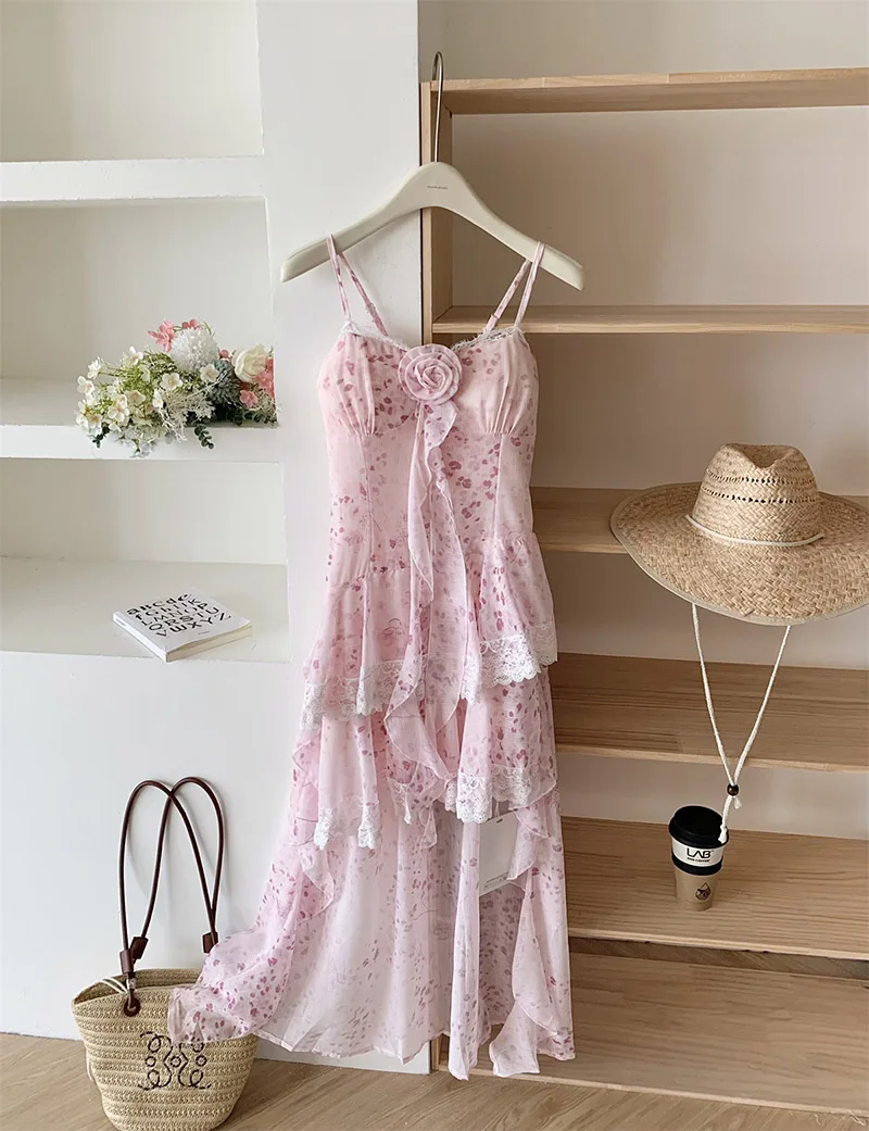 Y2K Unregelmäßige Kleid Frauen Mode Party Floral Spitze Spaghetti Strap Kleider Sommer Urlaub Frankreich Rüschen Bodycon Vestidos