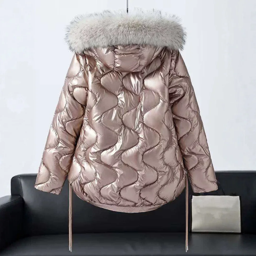 2026 Winter New Fashionable Elegant Gloss Pearl Premium Sense Shrink Waist Show Thin Hair Collar Hooded Cotton Jacket for Women