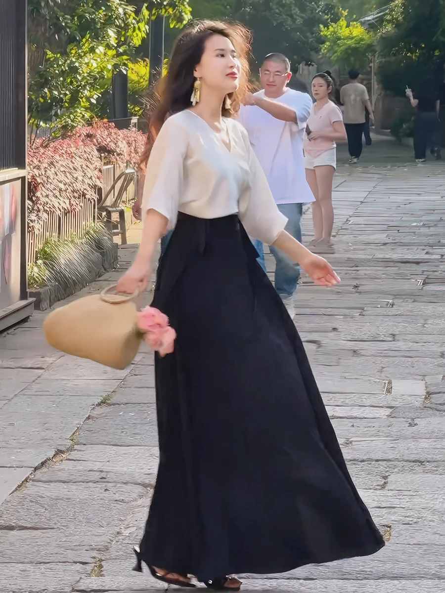 

New Chinese Style Patchwork Long Dress Women Summer 2026 New Zen Meaning Ancient Rhythm V-neck Waist Cinching Slimming Dress