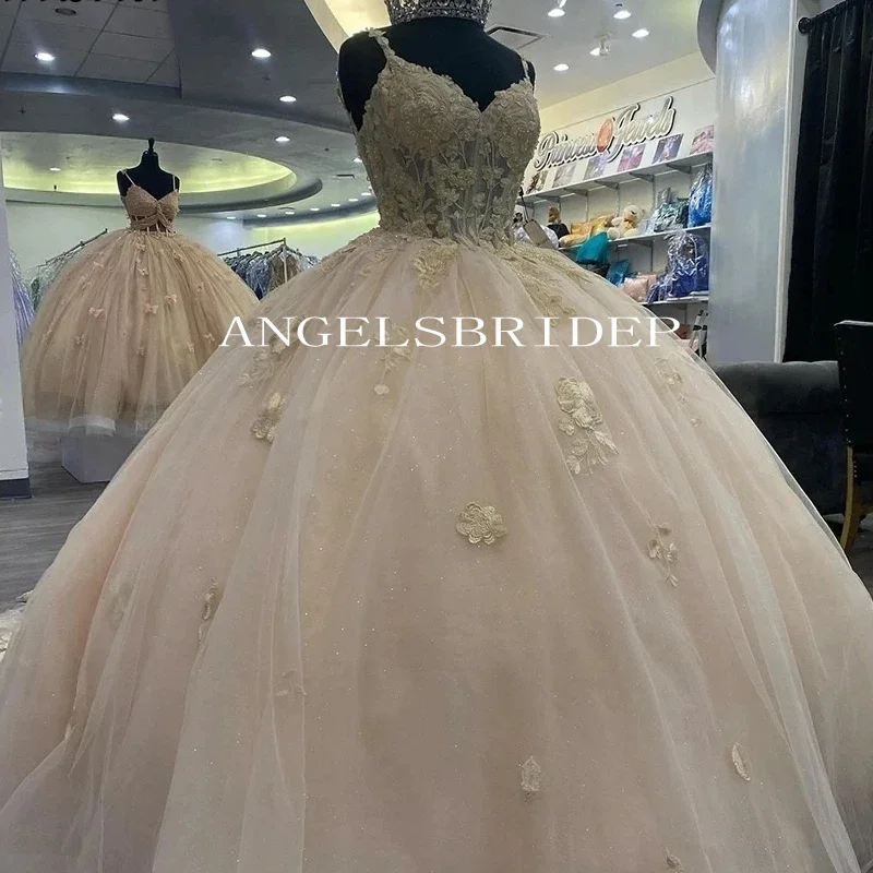 Angelsbridep New Champagne Illusion Sweetheart Ball Gown Quinceanera Dresses Spaghetti Strap Vestidos De 15 Quinceañera 2024