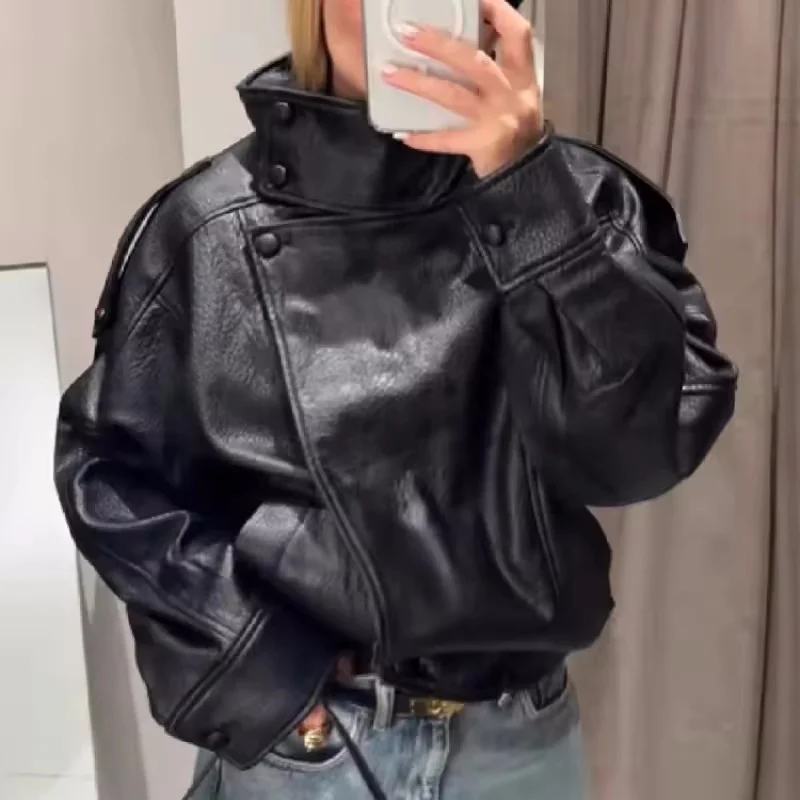 2026 Spring and Autumn New Women's Litchi-Texture Leather Jacket Punk Style Fashionable and Elegant Casual and Versatile