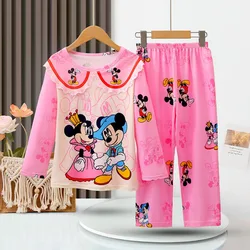 Disney Mickey Girls Pajama Sets Lace Neck Kawaii Cartoon Print Gal Pajamas Suit Soft Comfortable Breathable Homewear Sets