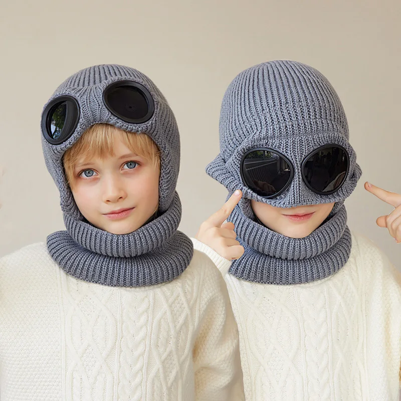 2PCS Kids Hat Scarf Set Boys Girls Winter Knitted Hats with Glasses Plus Velvet Ear Protection Beanie Child Skiing Accessories