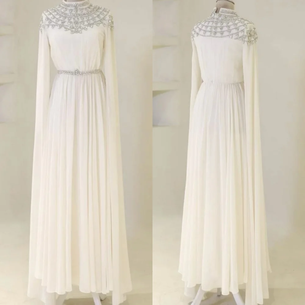 

Customized Graceful Ivory Chiffon Evening Dress Simple High Neckline Long Sleeves Zipper Back Crystal Special Occasion Gowns