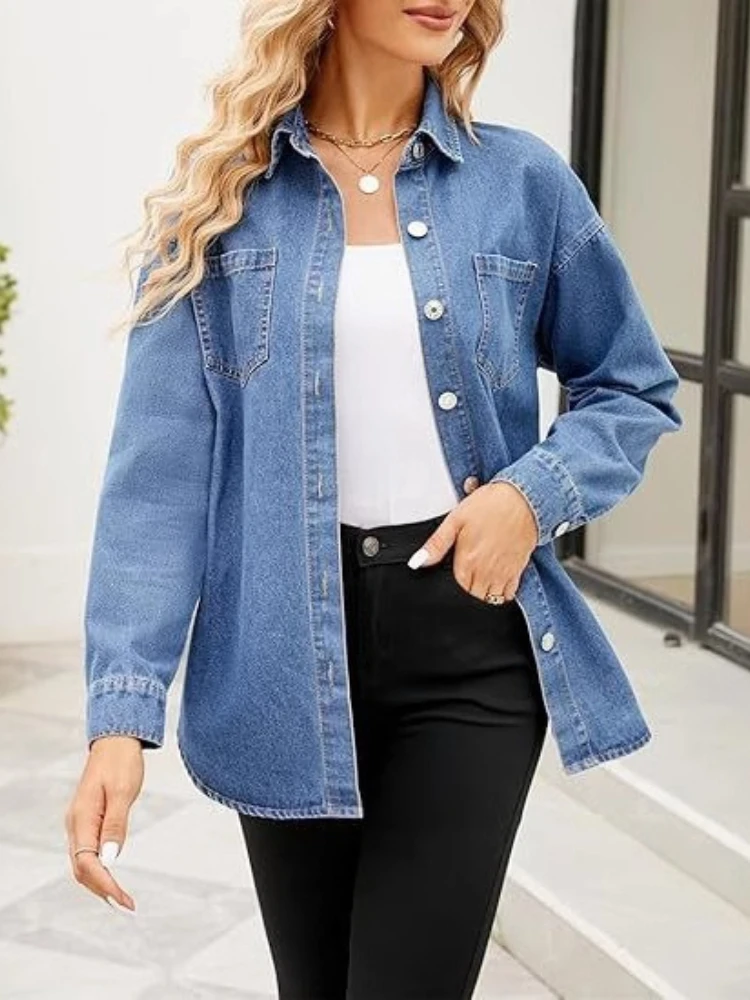 New Washed Loose Long-sleeved Denim Shirts for European American Women, Spring and Autumn Fashionable Four-button Shirt Jackets view 3