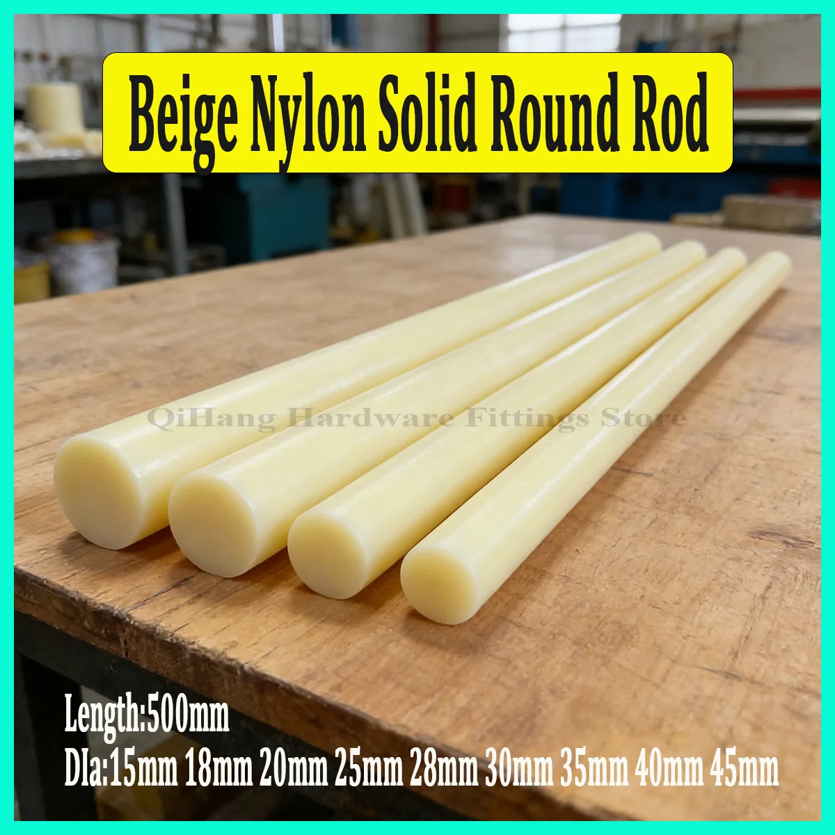 

1Pc Beige Nylon Solid Round Rod 500mm Length, Diameter 15-45mm Wear Resistant Hard Plastic Cylinder for Industrial DIY