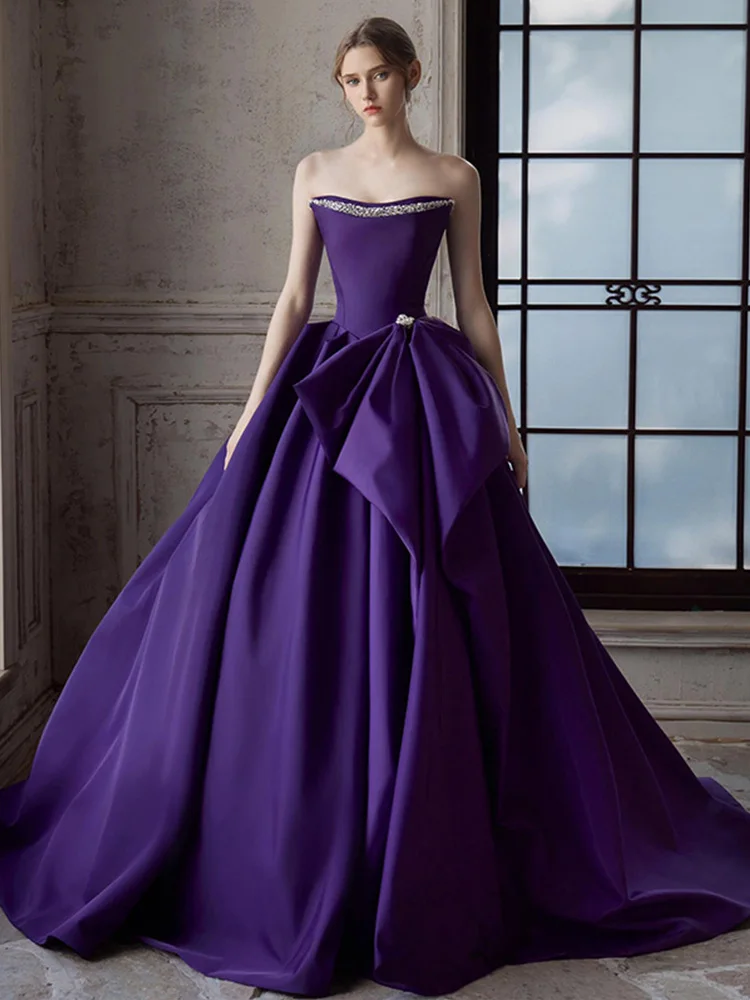 

Purple Evening Gown Women's Luxury Design Strapl Satin Dr for Engagement Wedding Banquet Ceremony Long Sve Midi Dr