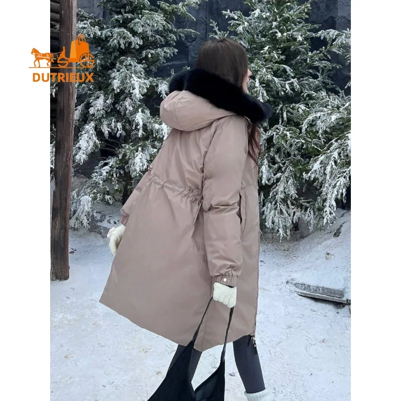 冬の女性の両面毛皮の襟フード付き両面ミッドレングスダウンジャケット、90% グレーグースダウン、ファッションエレガントな女性コート