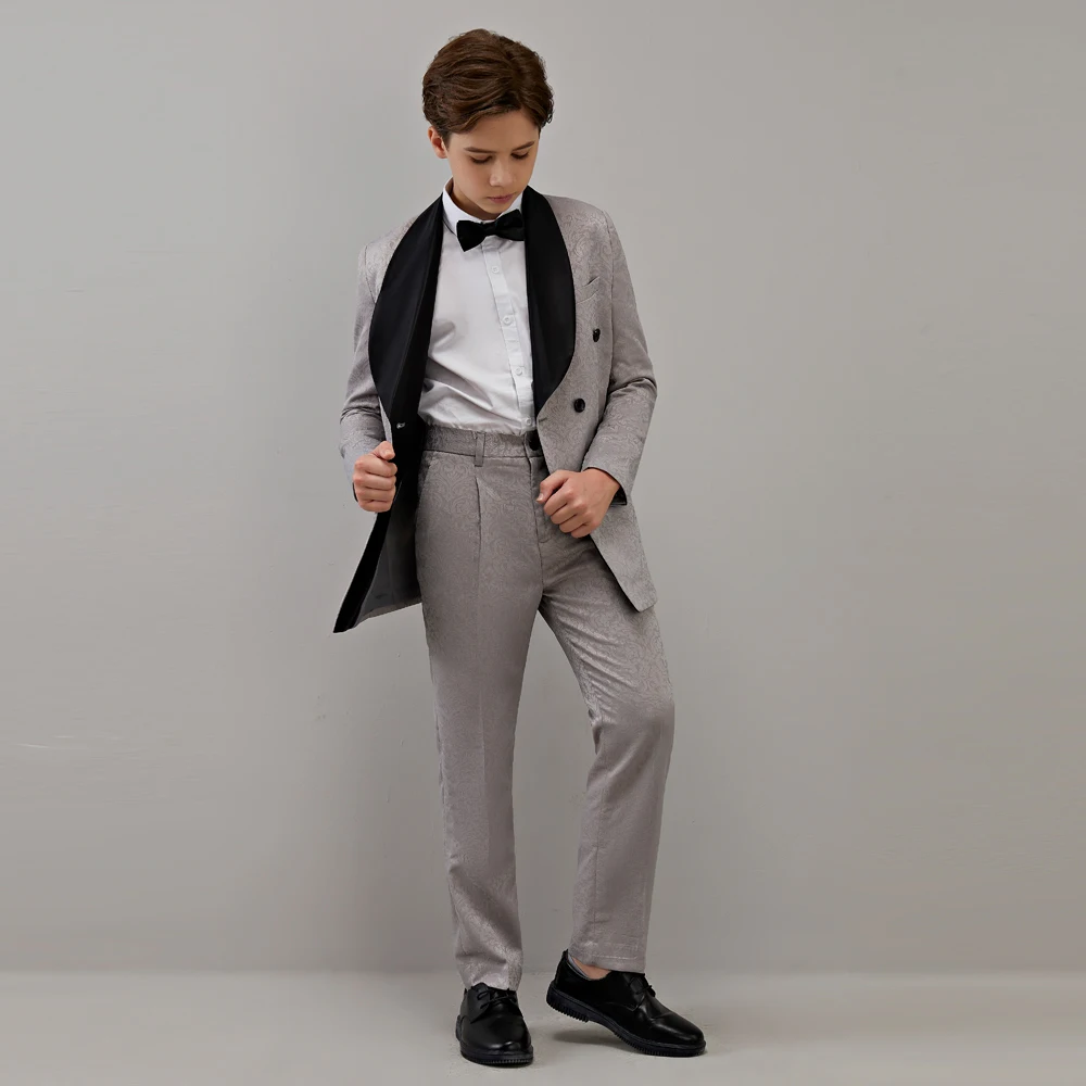 Spring Autumn Child Double Breasted Suit Set Boys Grey Jacquard Black Collar 2PCS Clothing Kids Host Party Performance Costume