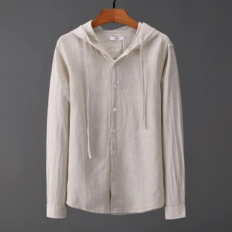Spring and Summer Hooded Tether Thin Loose Long Sleeve Solid Color Men Shirt Breathable Top