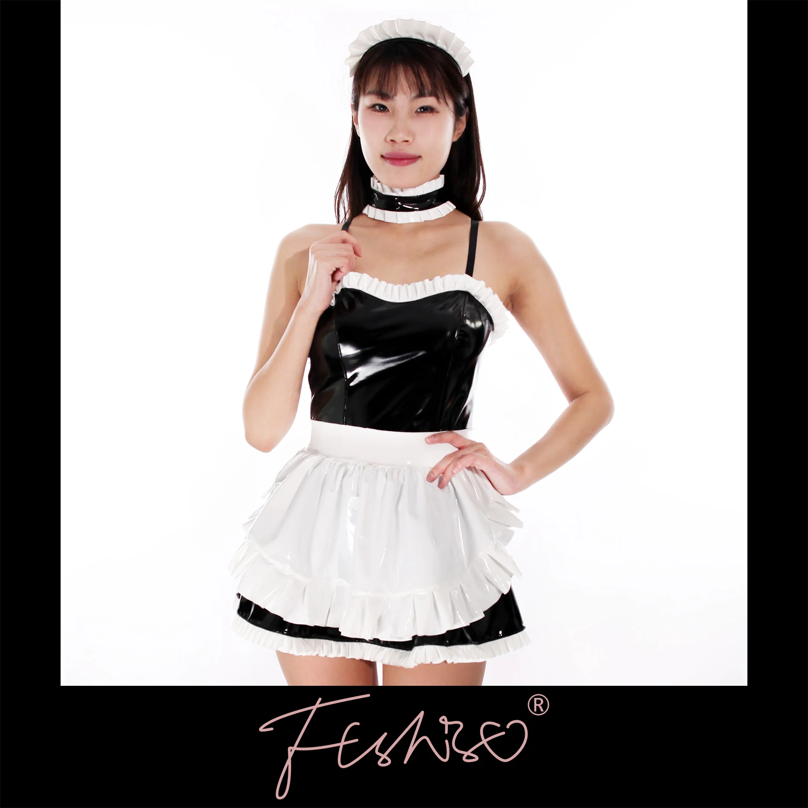 Ftshist Strapless Patent Leather Maid Set Mini Dress with Back Bow Detail Black White Scheme Neckband And Headband Included