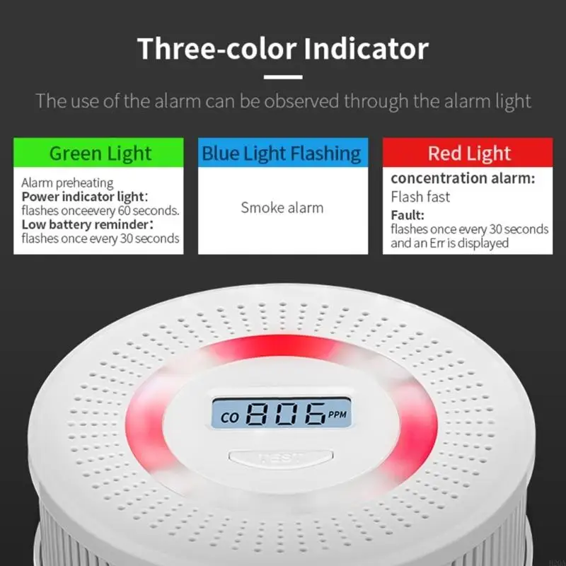 CO Smog Gas Detectors with Real Time LCD Display Sound Visual Warning Battery Operated for Kitchen Bedroom