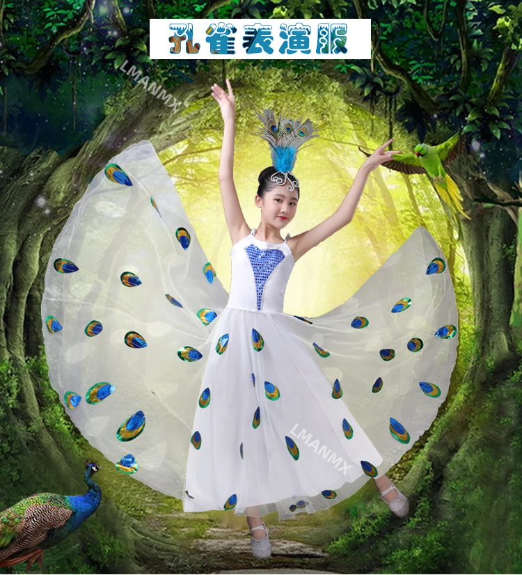 Nuevo traje de danza étnica, disfraz étnico Dai, disfraz de actuación de falda grande para baile de pavo real y espíritu de gorrión para niños