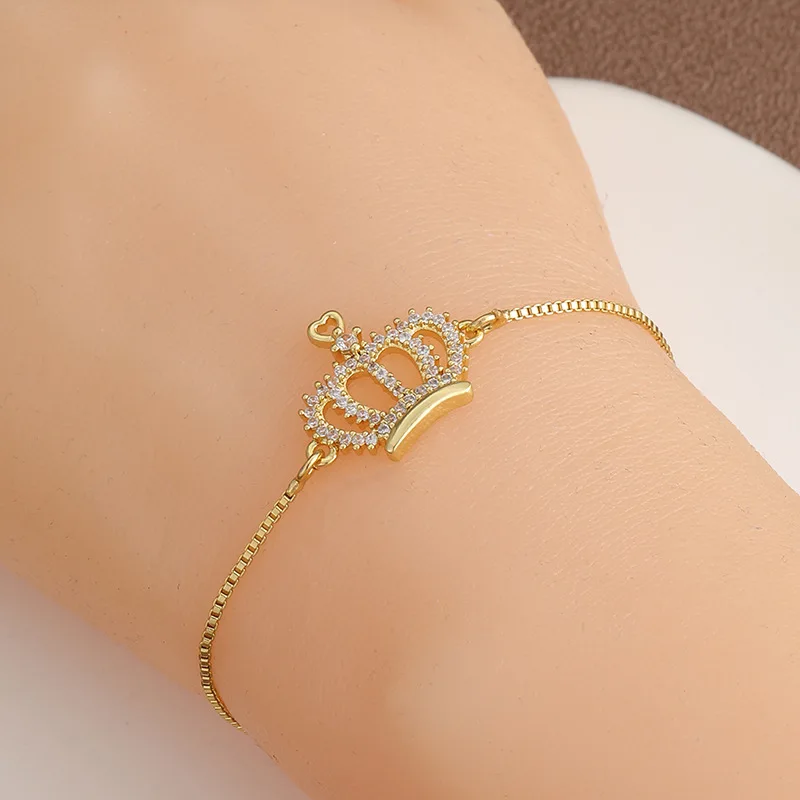 Trendige Zirkon-Krone, 18 Karat vergoldete Armbänder, feines Pavé-CZ-Goldkettenarmband, verstellbar, für Damen, klassischer Charm-Schmuck