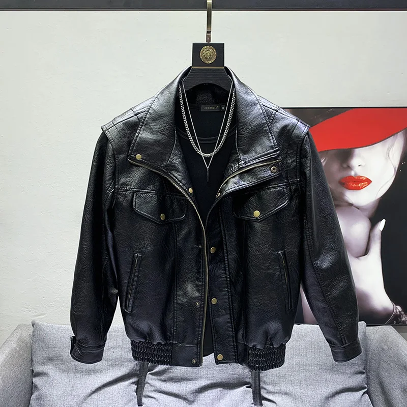 

Мужская свободная куртка-косуха из искусственной кожи для осени и зимы, модная молодежная модель на молнии, базовая повседневная одежда
