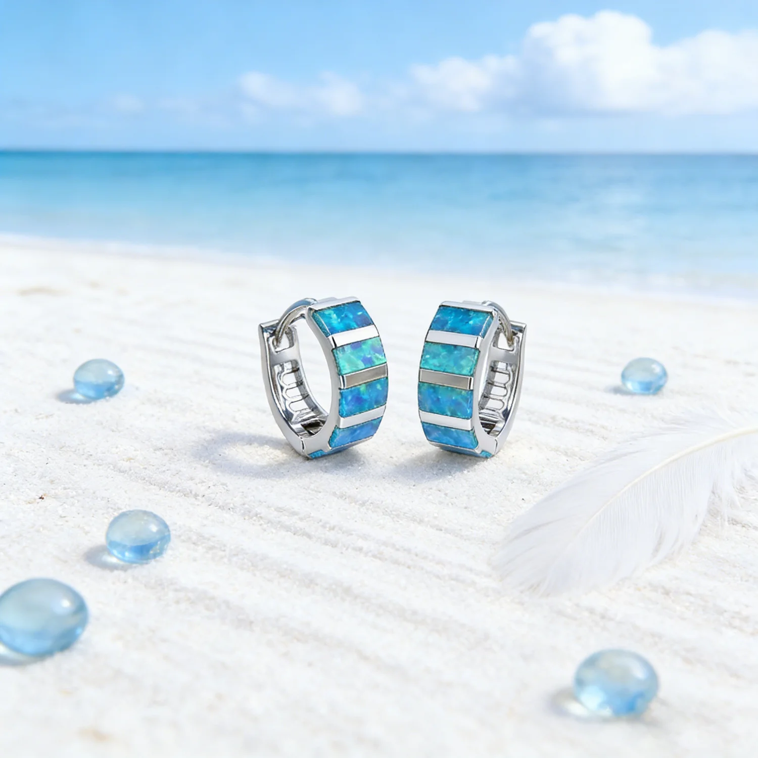 New Blue Opal Stripe Earrings Unique Design Round Minimalist Fashion Jewelry for Women  Perfect for Anniversary and Couple Gifts