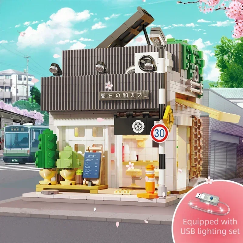 Klemmbausteine Summer Breeze Coffee Shop mit LED-Modulbaukästen, Stadtansicht, Apartment, Laden, Haus, Architektur, Montage, Ziegelstein-Modellbausatz, Jungen-Spielzeug, Geschenk für Erwachsene und