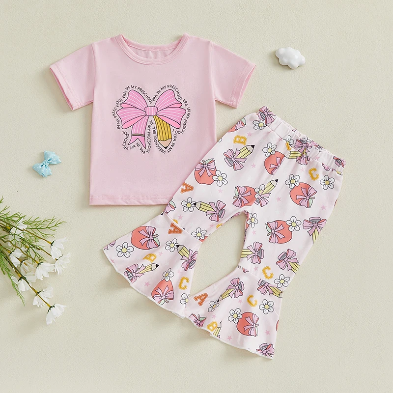 

2Pcs Baby Girl Fall Outfits Short Sleeve Bow Print Tops + Flare Pants Set Toddler Clothes