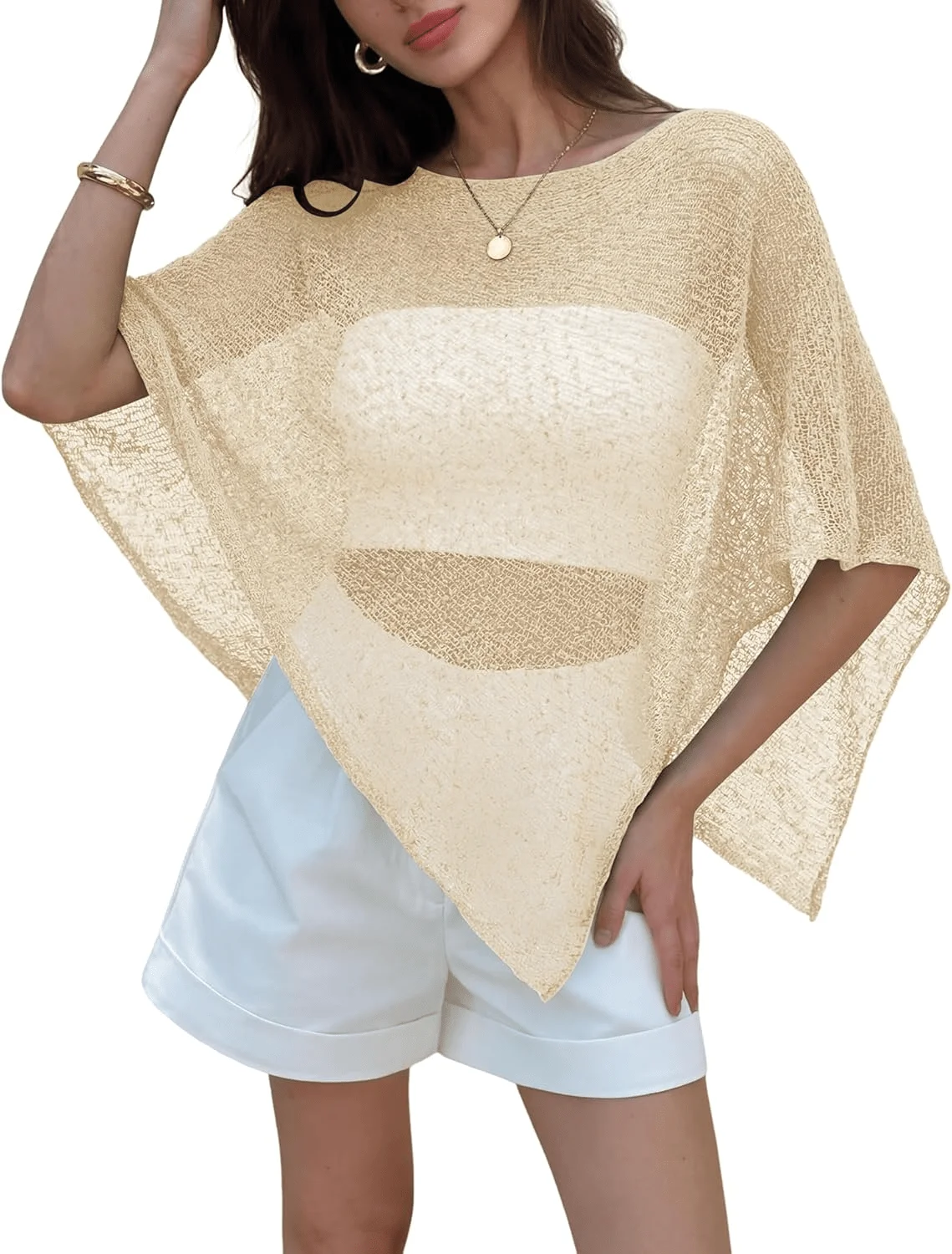 

Women Sheer Mesh Knit Off Shoulder Batwing Sleeve Asymmetric Hem Cover Up Blouse
