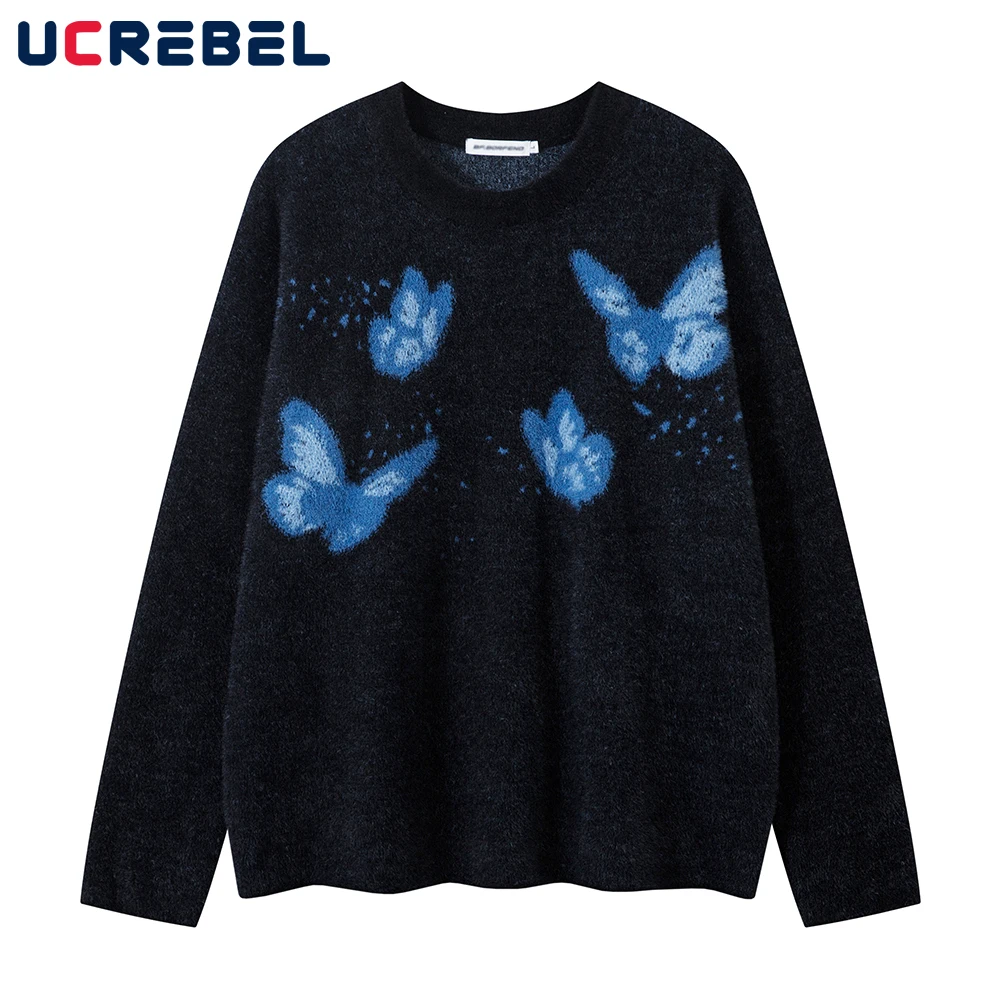 Butterfly Jacquard Knitted Sweater Mens Y2k Streetwear Autumn Winter Loose Crew Neck Long Sleeve Pullover Men