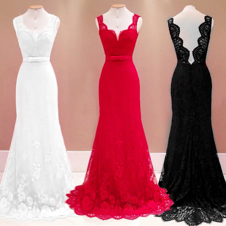 Women's Lace Sexy Open Back Drag Red Deep V Sleeveless Wedding Bridesmaid Dress Batch