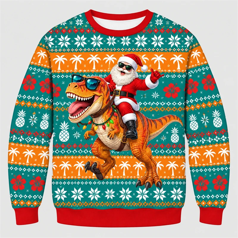 Ugly Christmas Sweatshirt For Men Santa Riding Dinosaur Graphic 3D Print Ugly Sweater Autumn Winter Holiday Party Pullover Xmas