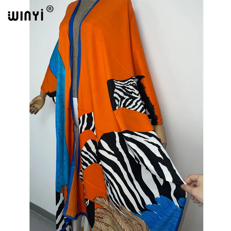 2022 NEW WINYI Summer fashion Beach Wear Cover Up Lady Boho Cardigan Retro printing elegant Silky sexy Holiday Kimono kaftan