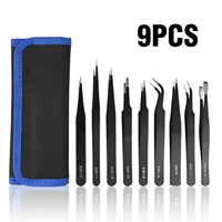 Anti-static Stainless Steel Precision Maintenance Tools Set, Includes 6/9/10pcs ESD Industrial Curved Straight Tweezers for Repa